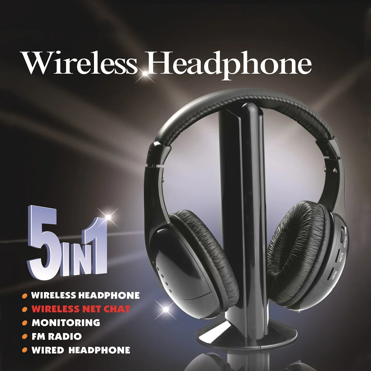 5 in 1 Wireless TV Headset with 2.4G RF Transmitter Comfortable over Ear Headphones with Y-Adapter Voice Mode FM Radio Web Chat Monitoring for Computer Watching TV