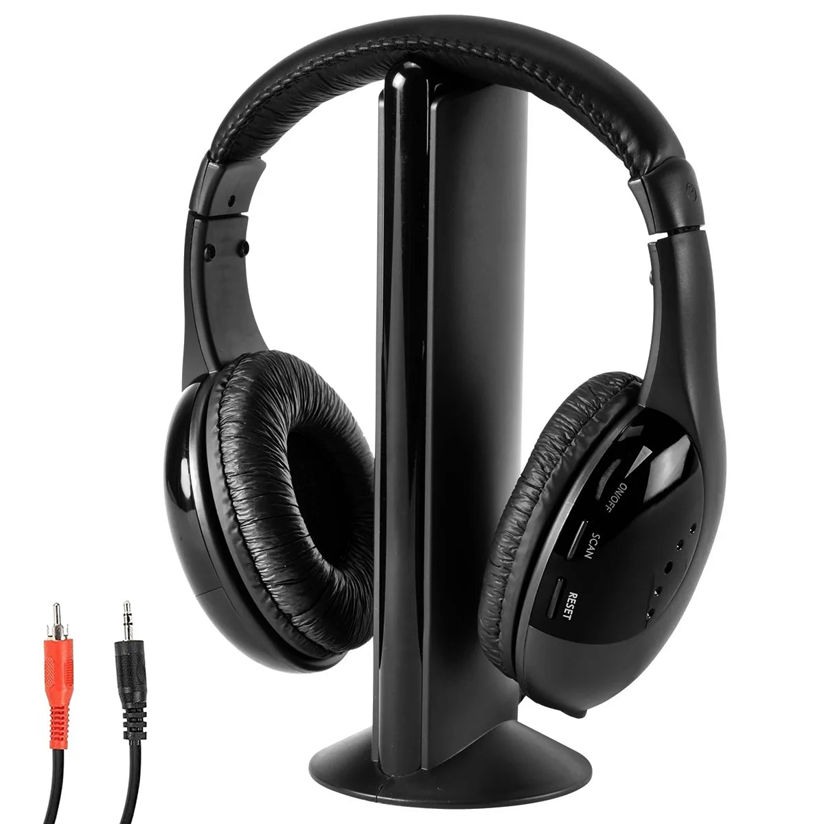 5 in 1 Wireless TV Headset with 2.4G RF Transmitter Comfortable over Ear Headphones with Y-Adapter Voice Mode FM Radio Web Chat Monitoring for Computer Watching TV