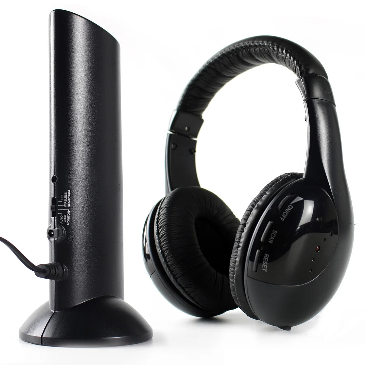 5 in 1 Wireless TV Headset with 2.4G RF Transmitter Comfortable over Ear Headphones with Y-Adapter Voice Mode FM Radio Web Chat Monitoring for Computer Watching TV