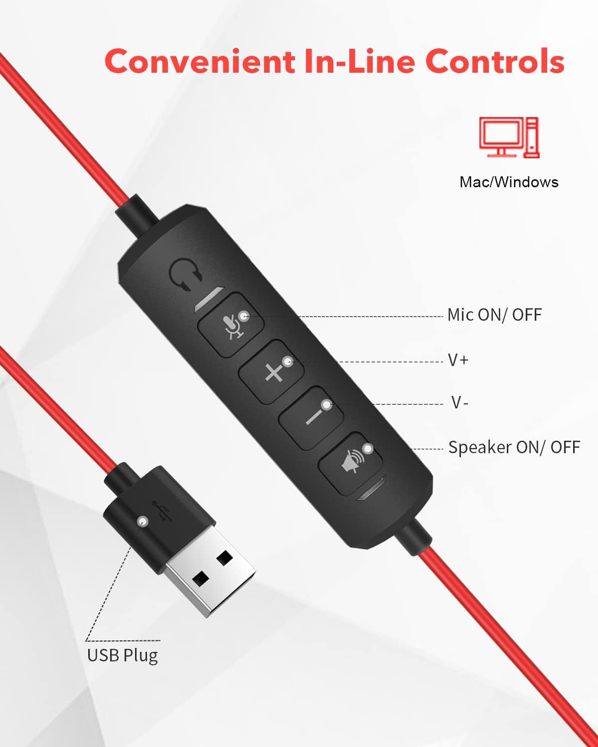 HW03 USB Headset with Noise Canceling Microphone for PC, In-Line Controls, Lightweight Wired Headset for PC, Mac, Laptop on Home, Office, Classroom, Chat, Online Class, Meeting