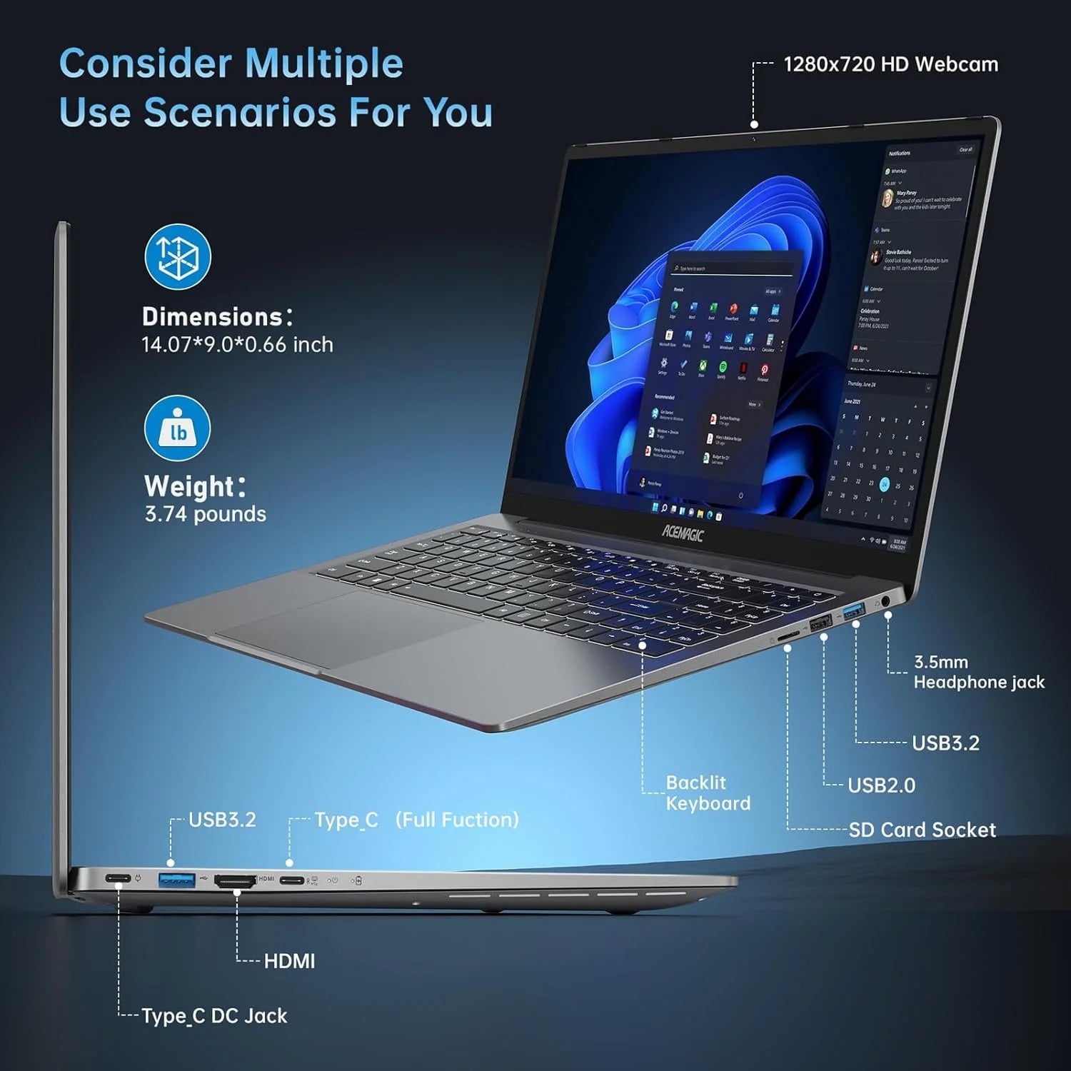 16.1 FHD Gaming Laptop, AMD Ryzen 7 5700U, 16GB RAM, 512GB SSD, Windows 11, Gray