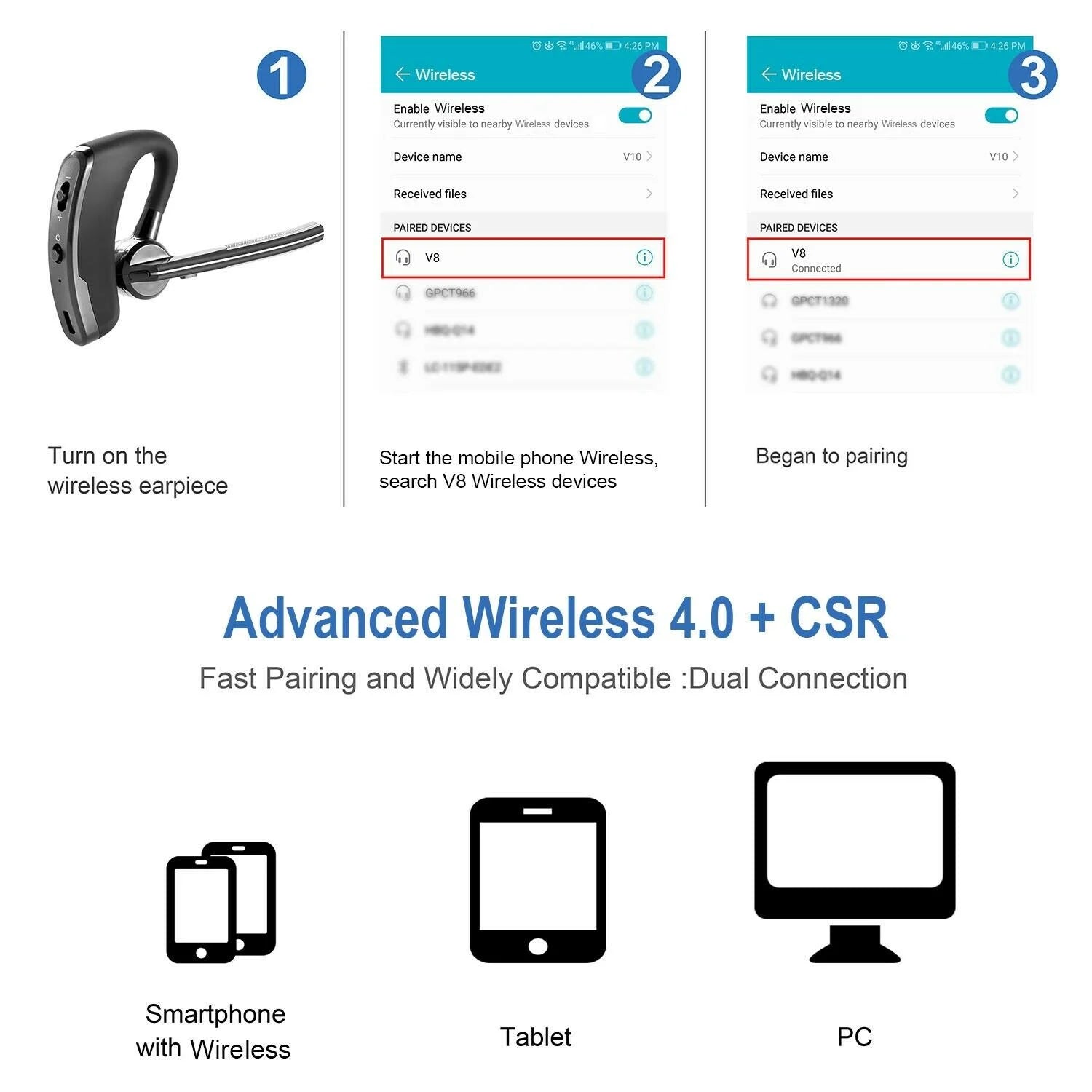 Bluetooth Headset V5.0,CVC8.0 Dual Mic Noise Cancelling Bluetooth Earpiece, Hands-Free Wireless Headset for Cell Phone Android Laptop PC Trucker Driver