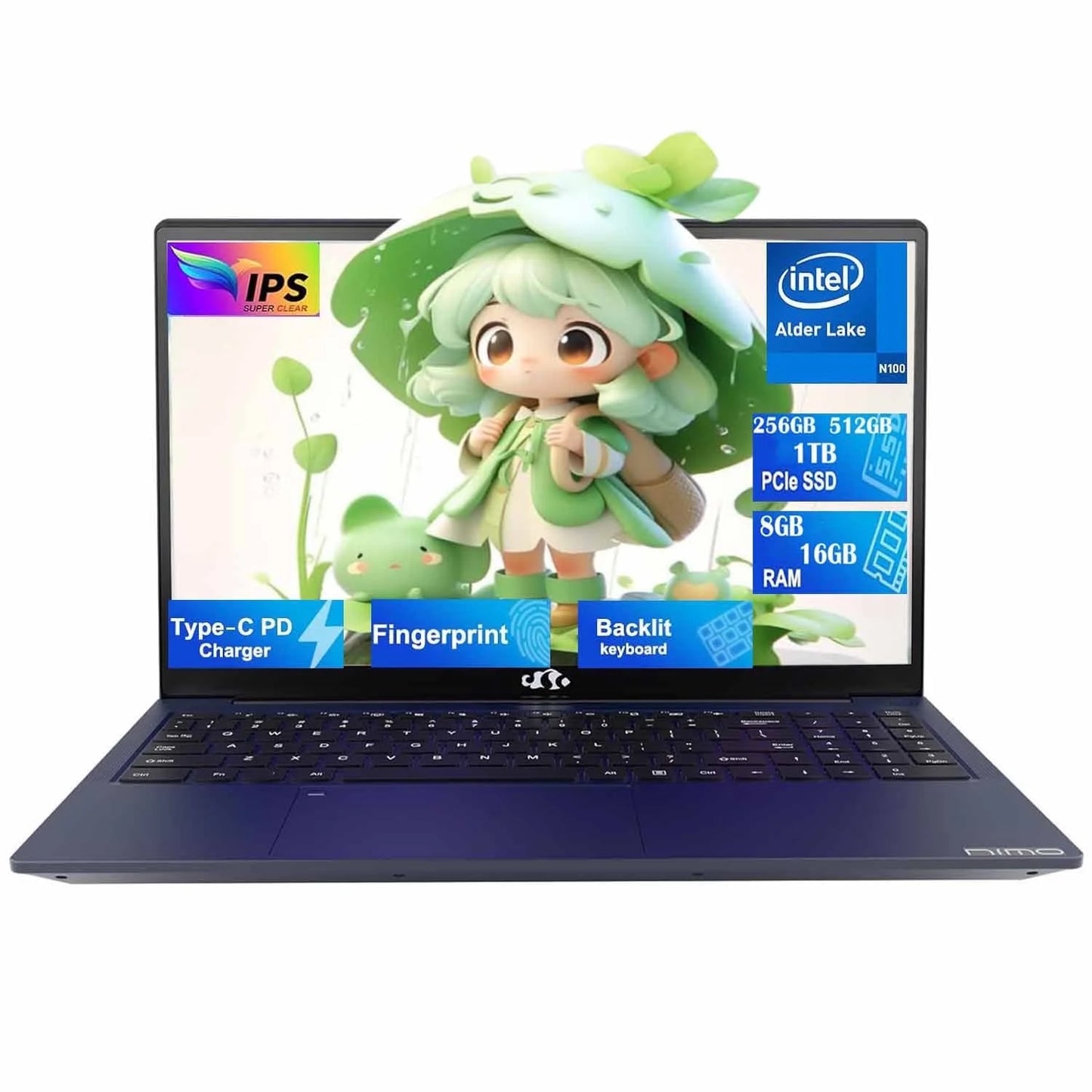 15.6 FHD Student Laptop Computer ,16GB RAM 1TB SSD, Backlit Keyboard, Fingerprint, Intel Pentium Quad-Core N100 (Beat to I3-1115G4, up to 3.4Ghz), 2 Years Warranty, Type C 65W Charger（Blue）