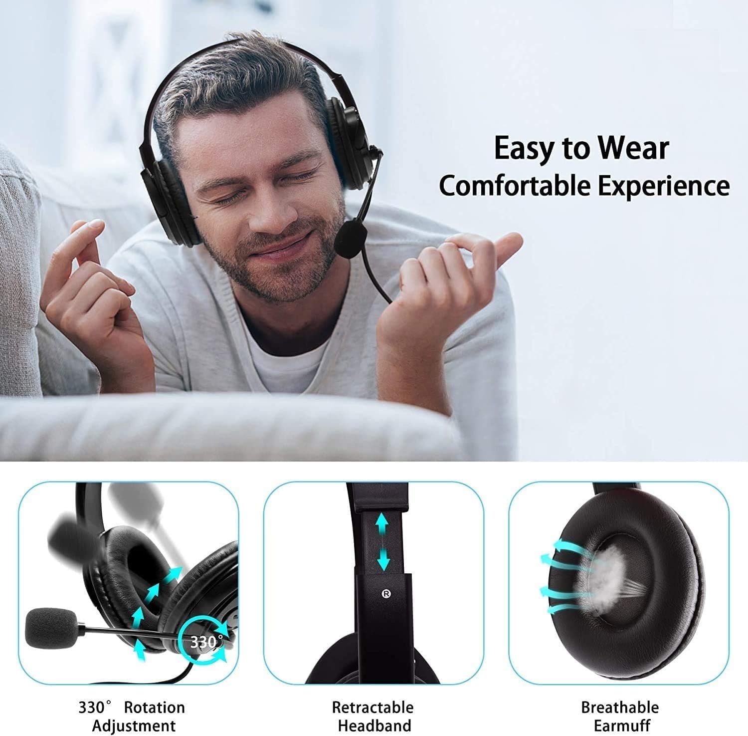 3.5Mm Computer Headset with Microphone, Comfort-Fit Office Computer Headphone with On-Line Volume Control, Over-The-Head Headset for Webinar Laptop Call Center Students Online Study (3.5Mm)