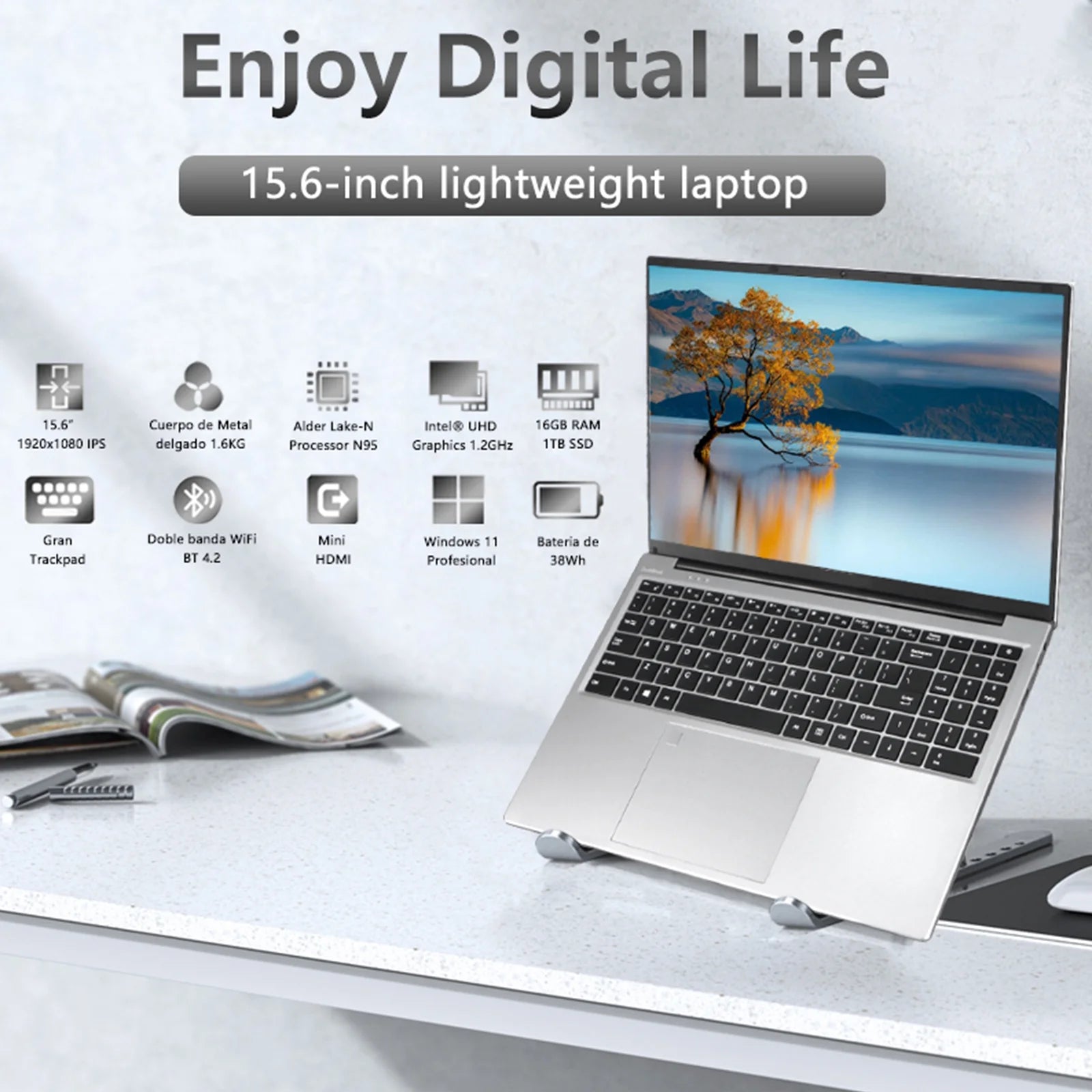 15.6 FHD Laptop, Intel Quad-Core 12Th Alder Lake N95, 16GB, 1TB SSD, Silver, New