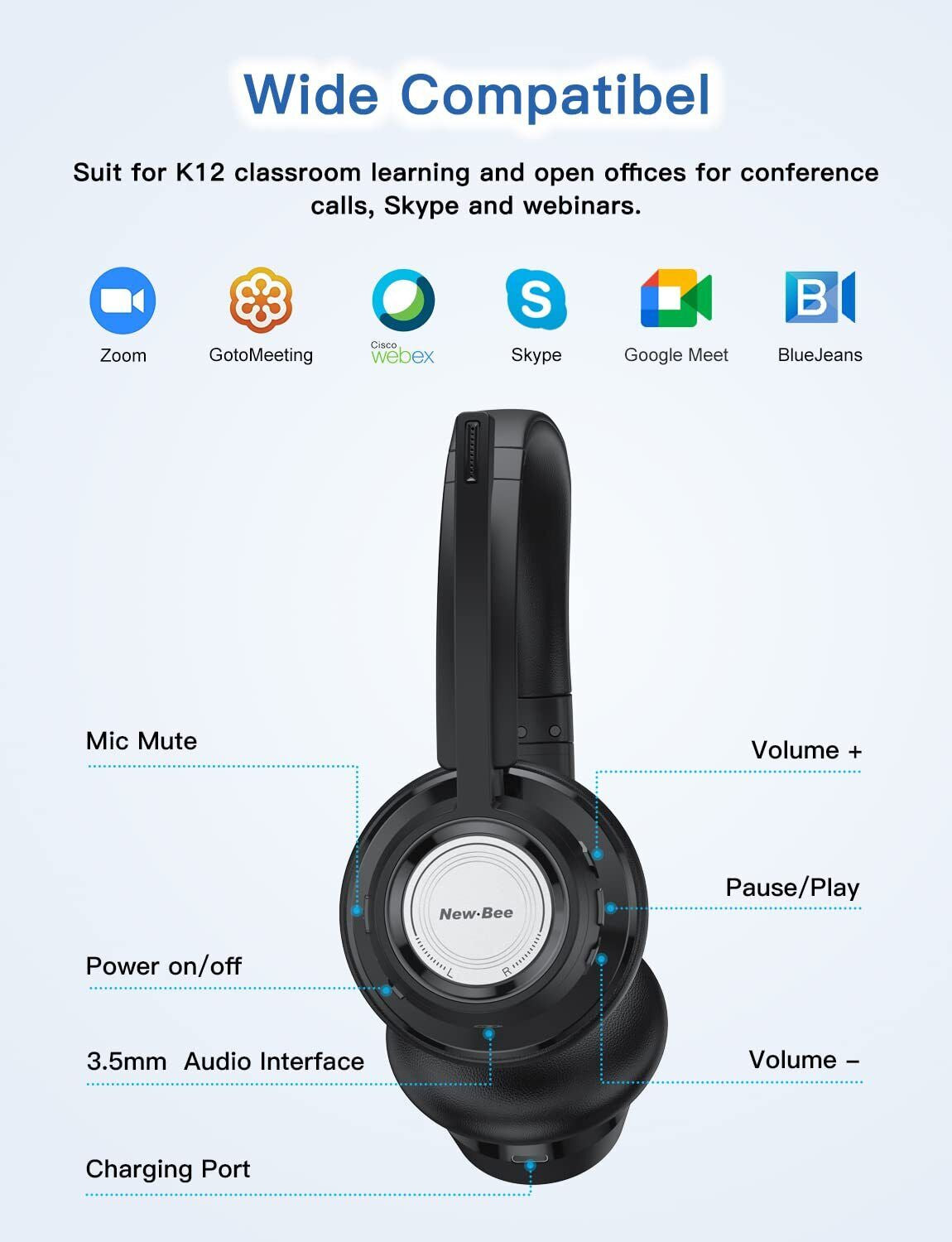 New Bee Wireless Headset Bluetooth Headset with Noise Cancelling Microphone 2...