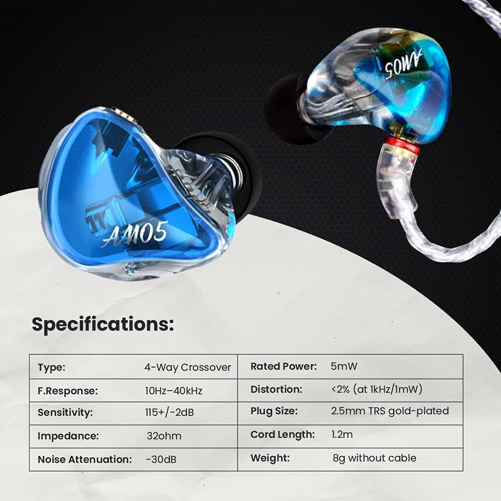AM05 IEM, Solid Molded In-Ear Monitor, 5-Driver Earbuds with Detachable Audio Cable